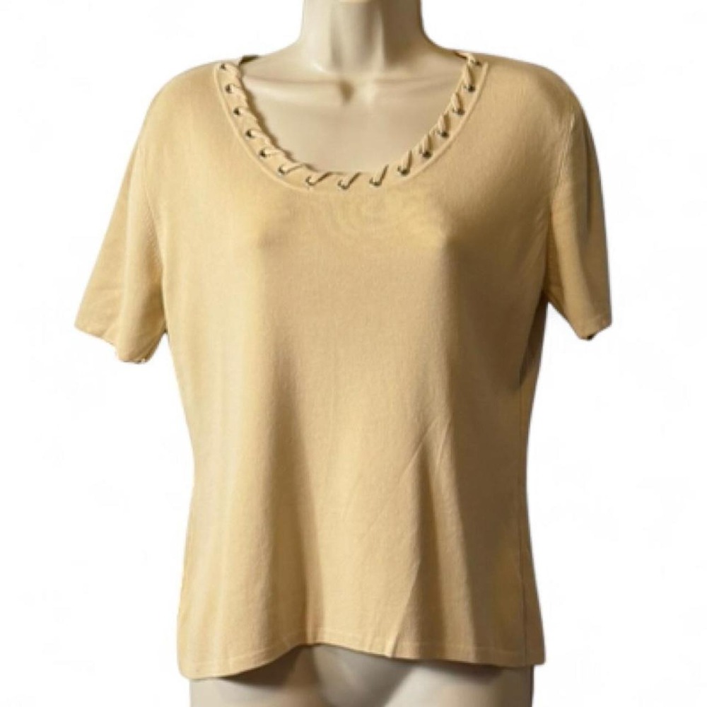 Vintage 90s Joseph A Light Yellow Grommet Laced Scoop Neck Knit top, Women's XL